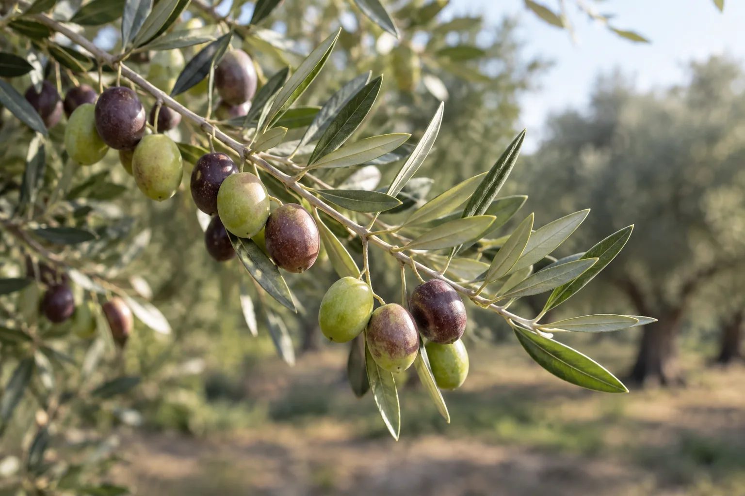Olive Peranzana verdi e violacee su un ramo